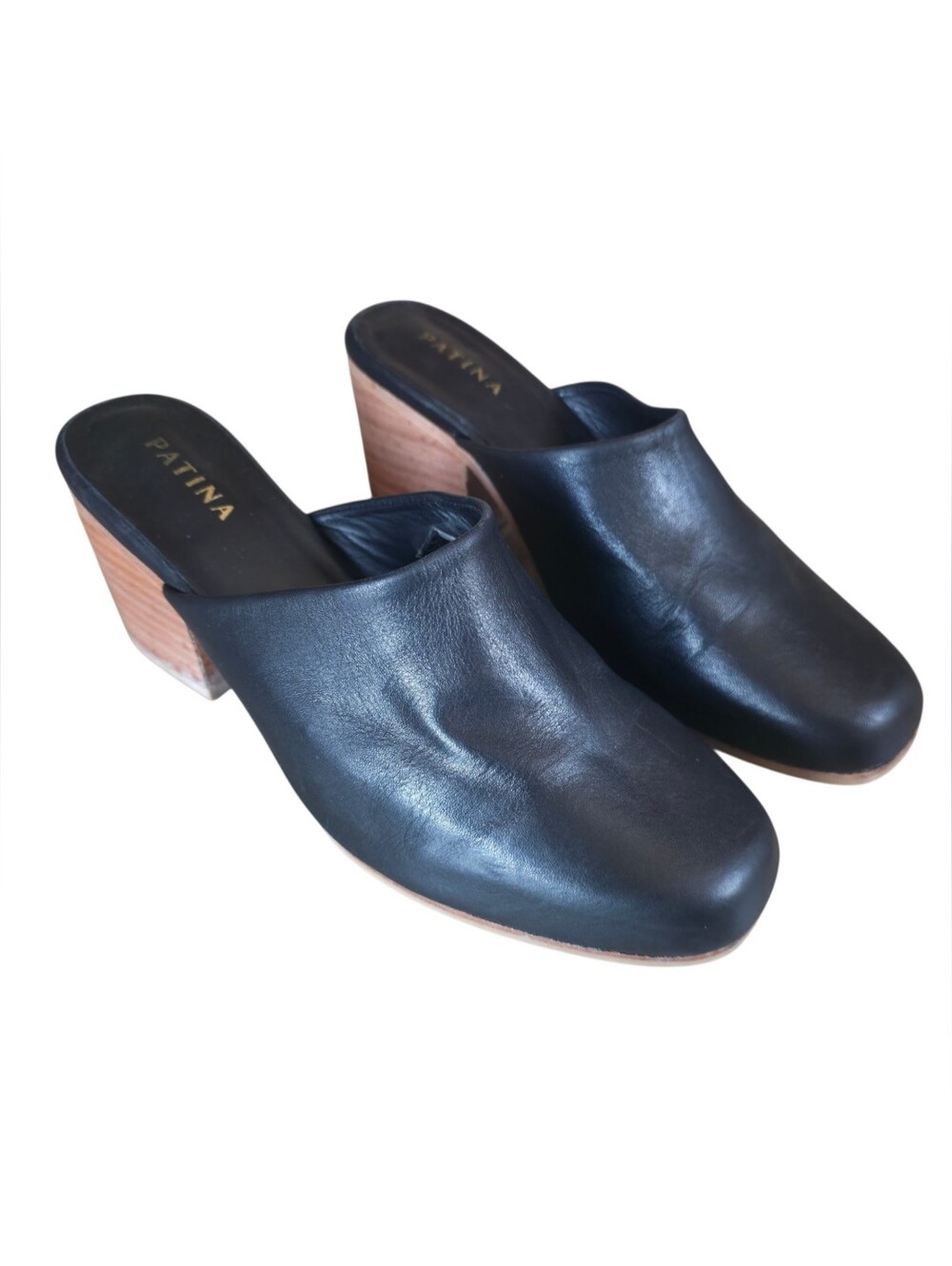 Portland Leather Patina Black Leather Heeled Mules Minimalist Size 9.5